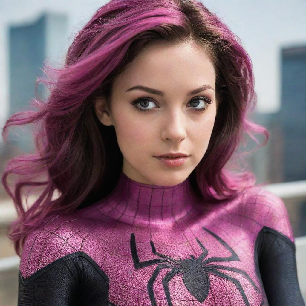 Quiero que hagas imágenes de una chica Spider del universo spiderman. Una chica de 1.68, piel clara, cabello negro no muy largo semi ondulado con un mechón de color rosa. Que sus ojos violeta brillantes sean intimidantes pero atractivos a la vez. Que su traje sea una maya negra que tenga un pequeño abrigo de color blanco y rosa. Que en su espalda tenga un dibujo de una araña rosa en forma de corazón. Que su maya sea algo reveladora. Que tenga pantaletas negras y que sus zapatillas sean de color 