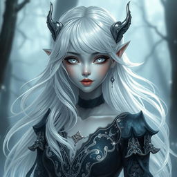 A captivating female changeling character with flowing silver white hair that glimmers softly, all white eyes that sparkle with magic, and smooth grey skin