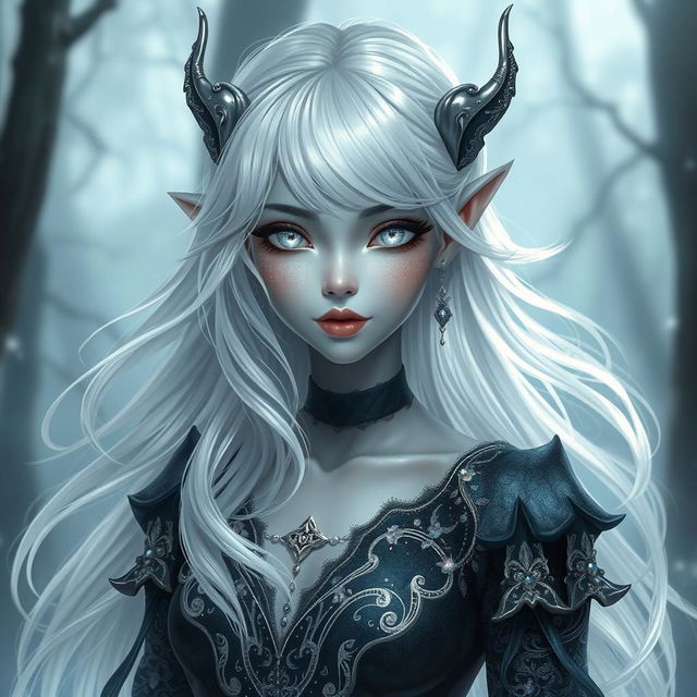 A captivating female changeling character with flowing silver white hair that glimmers softly, all white eyes that sparkle with magic, and smooth grey skin