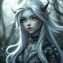 A captivating female changeling character with flowing silver white hair that glimmers softly, all white eyes that sparkle with magic, and smooth grey skin