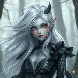 A captivating female changeling character with flowing silver white hair that glimmers softly, all white eyes that sparkle with magic, and smooth grey skin