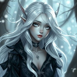 A captivating female changeling character with flowing silver white hair that glimmers softly, all white eyes that sparkle with magic, and smooth grey skin