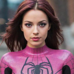 Quiero que hagas imágenes de una chica Spider del universo spiderman. Una chica de 1.68, piel clara, cabello negro no muy largo semi ondulado con un mechón de color rosa. Que sus ojos violeta brillantes sean intimidantes pero atractivos a la vez. Que su traje sea una maya negra que tenga un pequeño abrigo de color blanco y rosa. Que en su espalda tenga un dibujo de una araña rosa en forma de corazón. Que su maya sea algo reveladora. Que tenga pantaletas negras y que sus zapatillas sean de color 