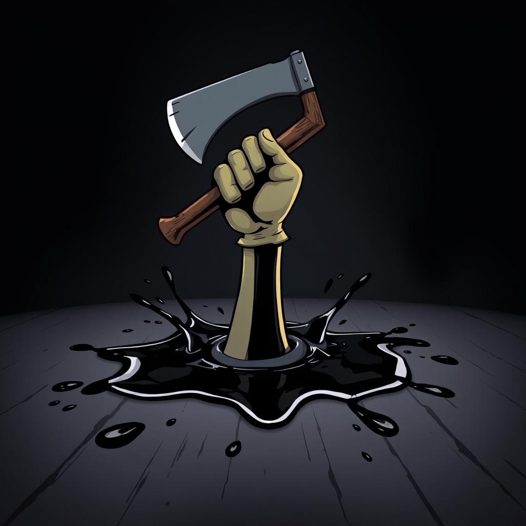 A dynamic poster featuring Bendy's hand emerging from a puddle of black ink on the floor, gripping an axe tightly