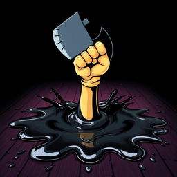 A dynamic poster featuring Bendy's hand emerging from a puddle of black ink on the floor, gripping an axe tightly