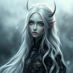 A mesmerizing female changeling inspired by fey lore, featuring long flowing silver white hair that cascades gracefully, all white eyes shimmering with mystical light, and smooth grey skin that reflects her enchanting nature