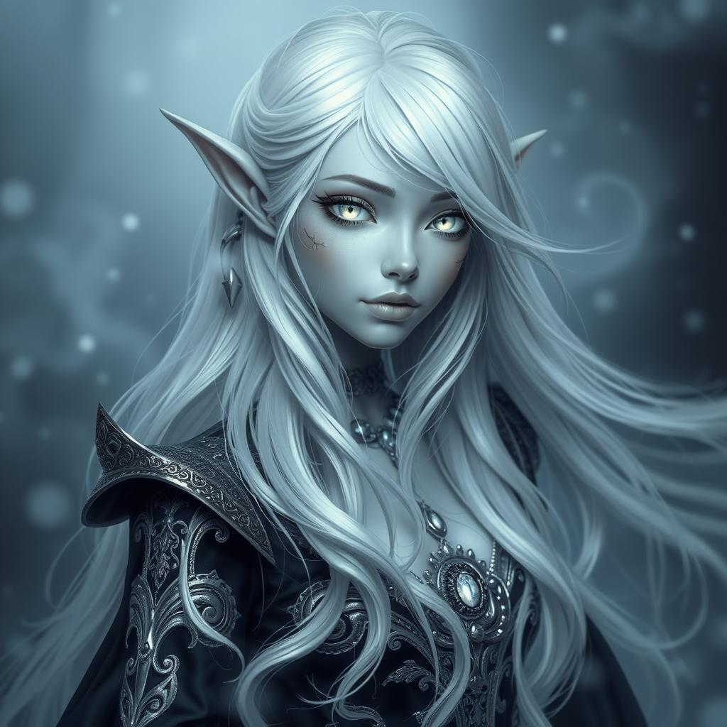 A mesmerizing female changeling inspired by fey lore, featuring long flowing silver white hair that cascades gracefully, all white eyes shimmering with mystical light, and smooth grey skin that reflects her enchanting nature