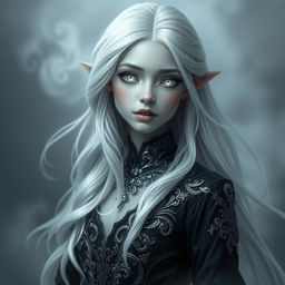 A mesmerizing female changeling inspired by fey lore, featuring long flowing silver white hair that cascades gracefully, all white eyes shimmering with mystical light, and smooth grey skin that reflects her enchanting nature