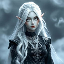 A mesmerizing female changeling inspired by fey lore, featuring long flowing silver white hair that cascades gracefully, all white eyes shimmering with mystical light, and smooth grey skin that reflects her enchanting nature