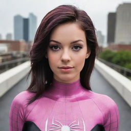 Quiero que hagas imágenes de una chica Spider del universo spiderman. Una chica de 1.68, piel clara, cabello negro no muy largo semi ondulado con un mechón de color rosa. Que sus ojos violeta brillantes sean intimidantes pero atractivos a la vez. Que su traje sea una maya negra que tenga un pequeño abrigo de color blanco y rosa. Que en su espalda tenga un dibujo de una araña rosa en forma de corazón. Que su maya sea algo reveladora. Que tenga pantaletas negras y que sus zapatillas sean de color 