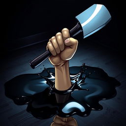 A stunning 3D poster featuring Bendy's hand emerging from a puddle of black ink on the floor, gripping an axe tightly