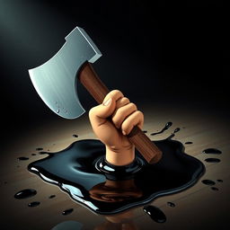 A stunning 3D poster featuring Bendy's hand emerging from a puddle of black ink on the floor, gripping an axe tightly