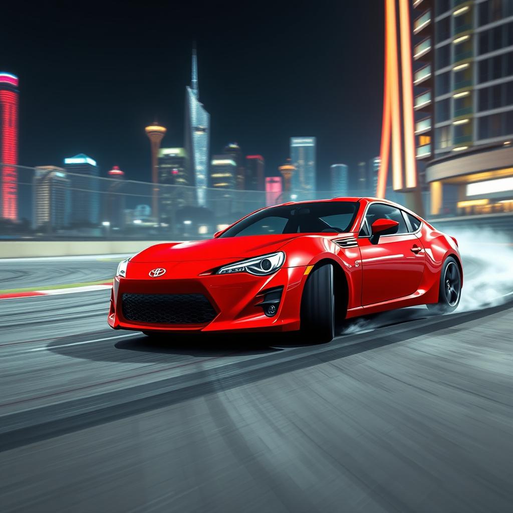 A dynamic scene featuring a sleek red Toyota GT86 car drifting on a racing track, capturing the thrilling essence of drift racing