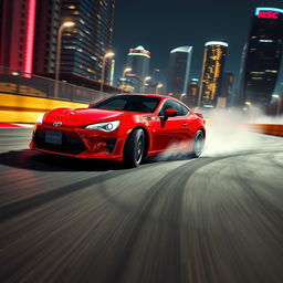 A dynamic scene featuring a sleek red Toyota GT86 car drifting on a racing track, capturing the thrilling essence of drift racing