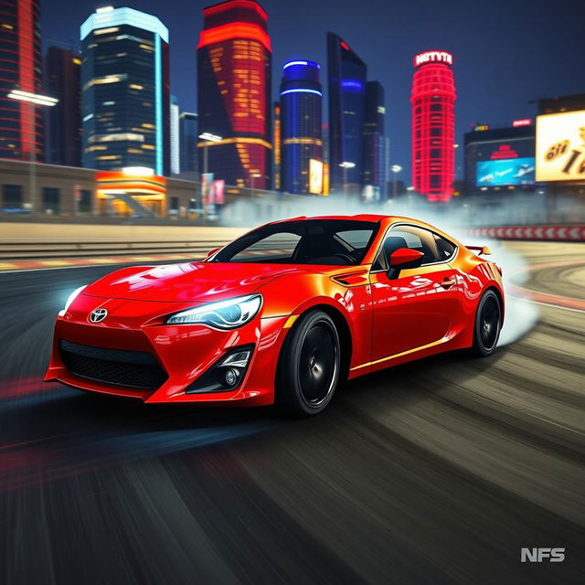 A dynamic scene featuring a sleek red Toyota GT86 car drifting on a racing track, capturing the thrilling essence of drift racing