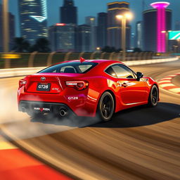 A dynamic scene featuring a sleek red Toyota GT86 car drifting on a racing track, capturing the thrilling essence of drift racing