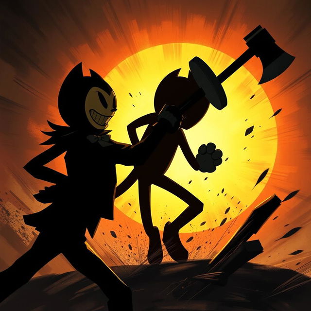 A dramatic scene depicting Bendy aggressively attacking a silhouetted figure with an axe