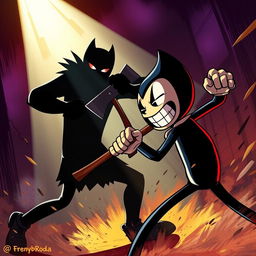 A dramatic scene depicting Bendy aggressively attacking a silhouetted figure with an axe