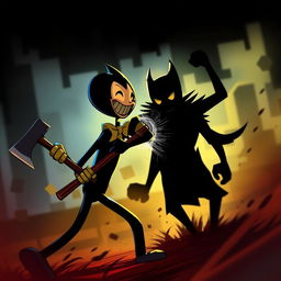 A dramatic scene depicting Bendy aggressively attacking a silhouetted figure with an axe