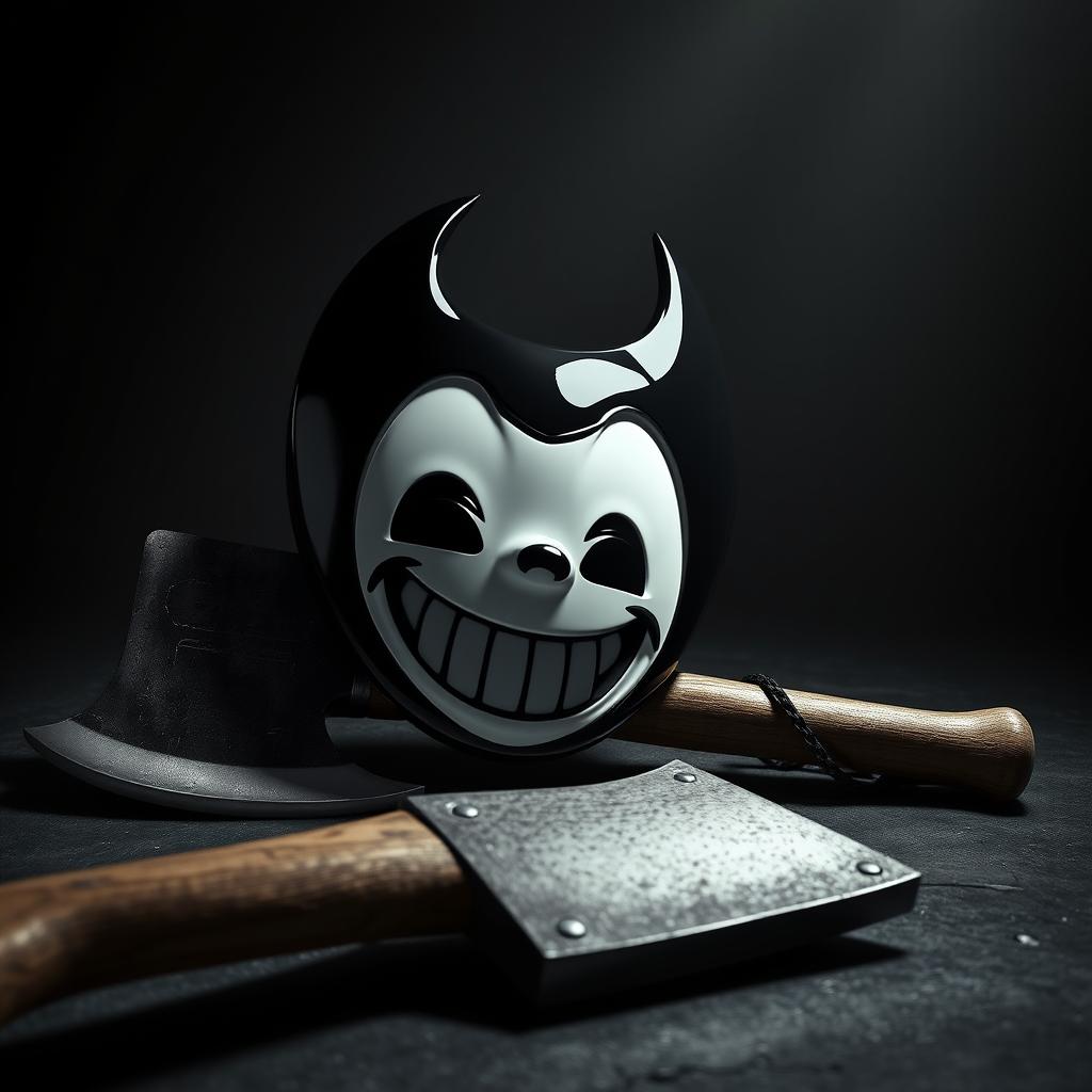 A striking image featuring a close-up of Bendy's iconic mask placed ominously on the floor next to a menacing axe