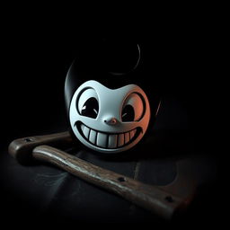 A striking image featuring a close-up of Bendy's iconic mask placed ominously on the floor next to a menacing axe