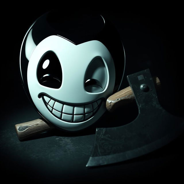 A striking image featuring a close-up of Bendy's iconic mask placed ominously on the floor next to a menacing axe