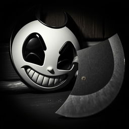 A striking image featuring a close-up of Bendy's iconic mask placed ominously on the floor next to a menacing axe