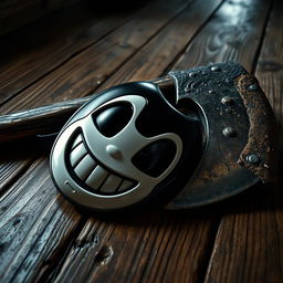 A visually striking composition featuring Bendy's iconic mask lying on the floor next to a rugged axe