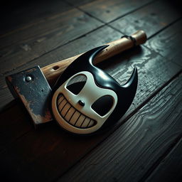 A visually striking composition featuring Bendy's iconic mask lying on the floor next to a rugged axe