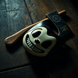 A visually striking composition featuring Bendy's iconic mask lying on the floor next to a rugged axe