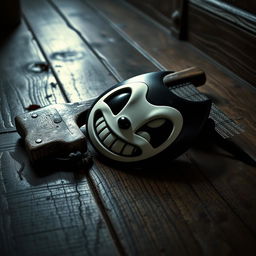 A visually striking composition featuring Bendy's iconic mask lying on the floor next to a rugged axe