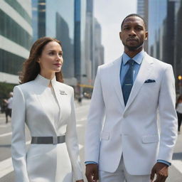 Visualize a typical woman and a man of the year 2100, attired in high-tech fashion, assisted by state-of-the-art technology and AI, habituating an extremely advanced city environment