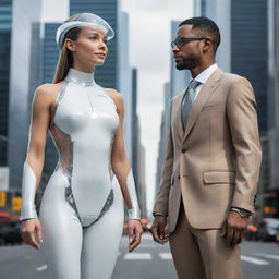 Visualize a typical woman and a man of the year 2100, attired in high-tech fashion, assisted by state-of-the-art technology and AI, habituating an extremely advanced city environment