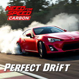 A dynamic scene featuring a red Toyota GT86 car drifting expertly on a racetrack, evoking the high-energy feel of the game Need for Speed Carbon