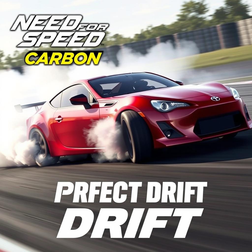 A dynamic scene featuring a red Toyota GT86 car drifting expertly on a racetrack, evoking the high-energy feel of the game Need for Speed Carbon