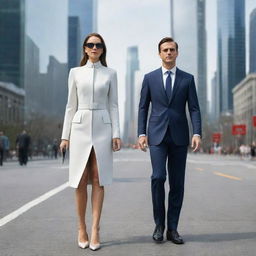 Visualize a typical woman and a man of the year 2100, attired in high-tech fashion, assisted by state-of-the-art technology and AI, habituating an extremely advanced city environment