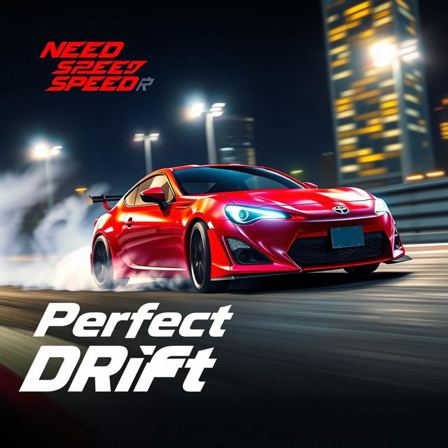 A vibrant night scene featuring a red Toyota GT86 drifting skillfully around a track