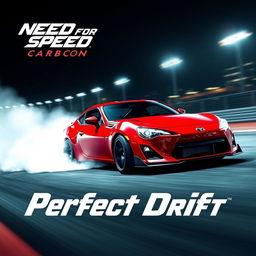 A vibrant night scene featuring a red Toyota GT86 drifting skillfully around a track