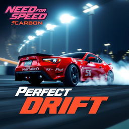 A vibrant night scene featuring a red Toyota GT86 drifting skillfully around a track