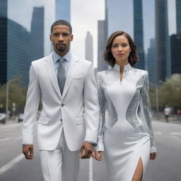 Visualize a typical woman and a man of the year 2100, attired in high-tech fashion, assisted by state-of-the-art technology and AI, habituating an extremely advanced city environment