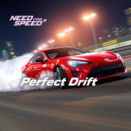 A vibrant night scene featuring a red Toyota GT86 drifting skillfully around a track