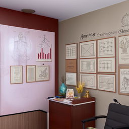 An office setup for career, vastu, numerology and astrological advisory with a corner designated for shooting videos, attending online and offline meetings, enhanced with inspirational graphics and decorative elements.