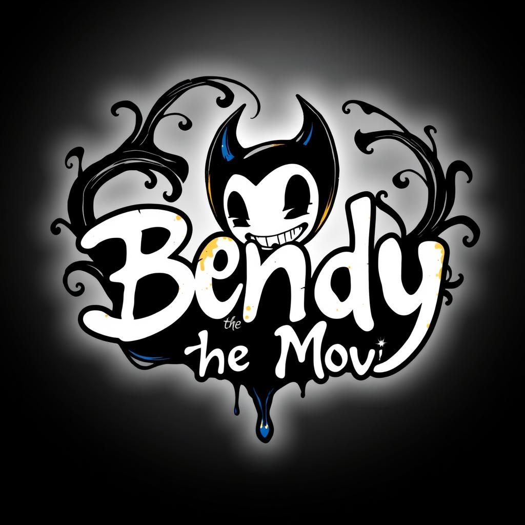 A stylized logo for a fictional movie called 'Bendy the Movie', featuring the character Bendy, a cartoonish figure with a mischievous smile and devilish horns, surrounded by swirling ink patterns that resemble flowing black and white ink