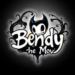 A stylized logo for a fictional movie called 'Bendy the Movie', featuring the character Bendy, a cartoonish figure with a mischievous smile and devilish horns, surrounded by swirling ink patterns that resemble flowing black and white ink