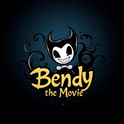 A stylized logo for a fictional movie called 'Bendy the Movie', featuring the character Bendy, a cartoonish figure with a mischievous smile and devilish horns, surrounded by swirling ink patterns that resemble flowing black and white ink