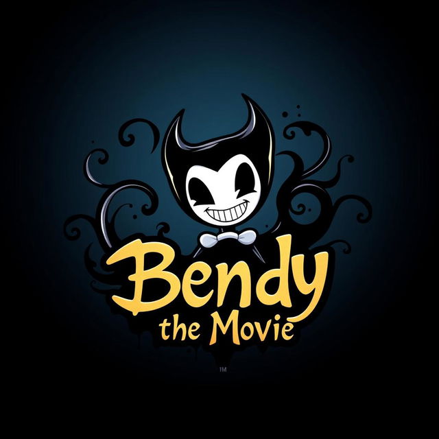 A stylized logo for a fictional movie called 'Bendy the Movie', featuring the character Bendy, a cartoonish figure with a mischievous smile and devilish horns, surrounded by swirling ink patterns that resemble flowing black and white ink