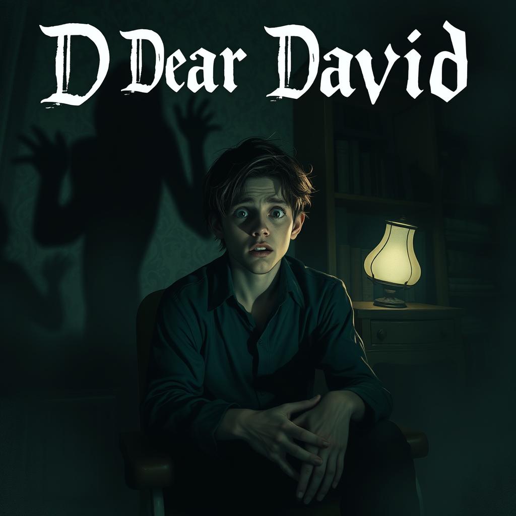 A hauntingly atmospheric scene titled 'Dear David', depicting a figure named David sitting in a dimly lit room