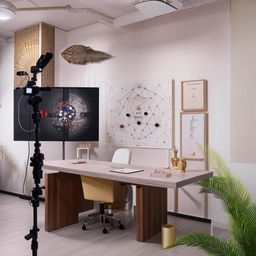 An office setup for career, vastu, numerology and astrological advisory with a corner designated for shooting videos, attending online and offline meetings, enhanced with inspirational graphics and decorative elements.