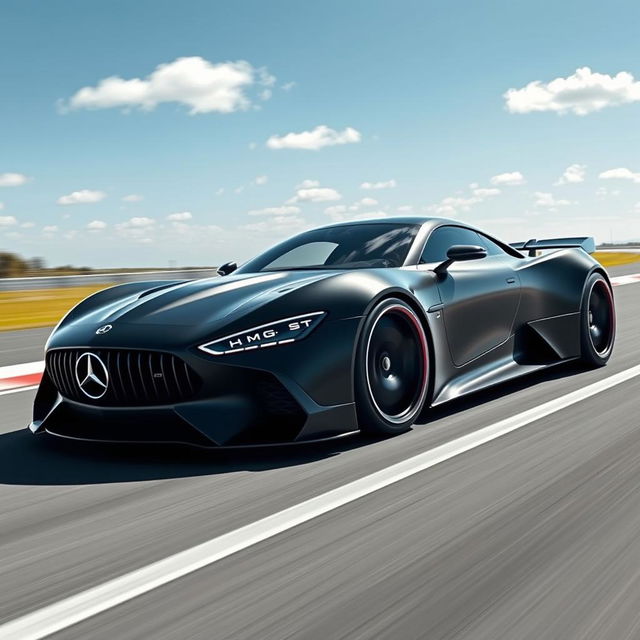 An aerodynamic hypercar design that strongly resembles a Mercedes AMG, featuring a sleek and elongated body with smooth curves and sharp edges