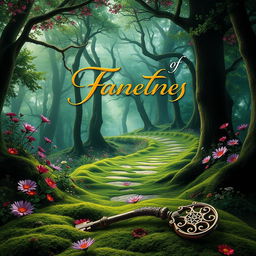 A stunning book cover design featuring a mystical forest with ethereal light filtering through the trees, vibrant flowers in bloom, and a winding path that suggests adventure